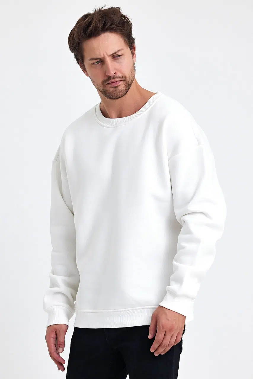 kapsonsuz oversize sweatshirt ekru erkek model 7