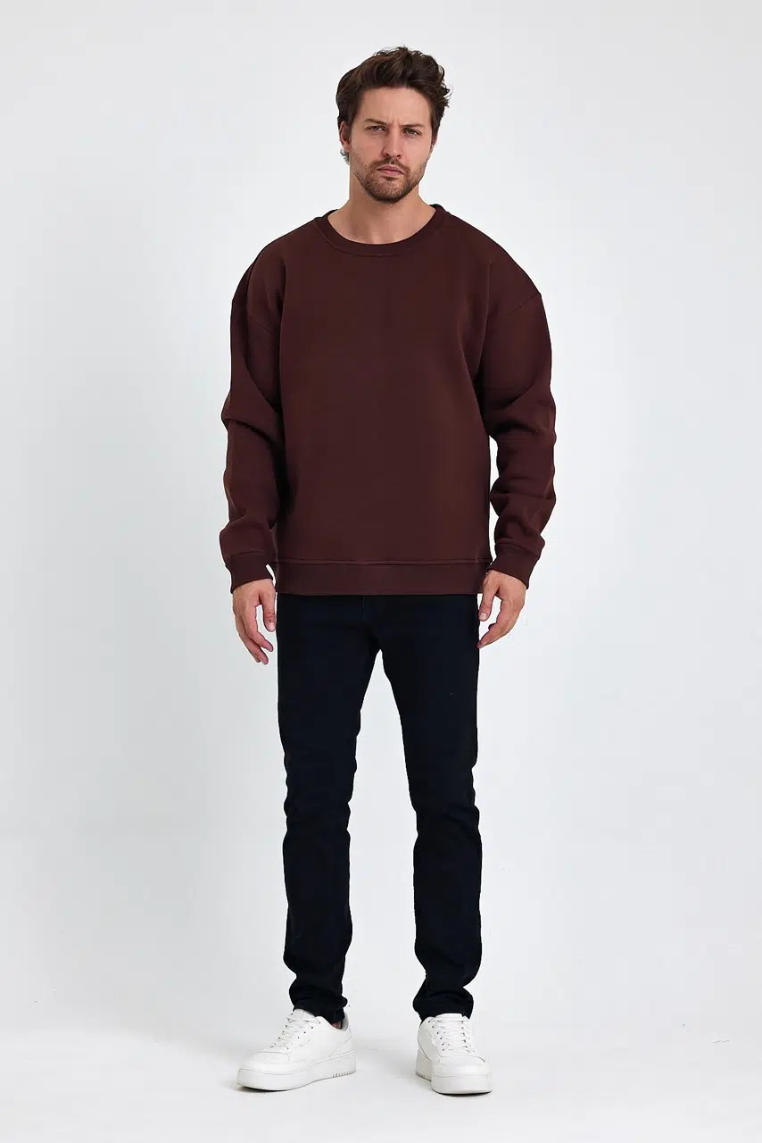 kapsonsuz oversize sweatshirt kahve erkek model 1