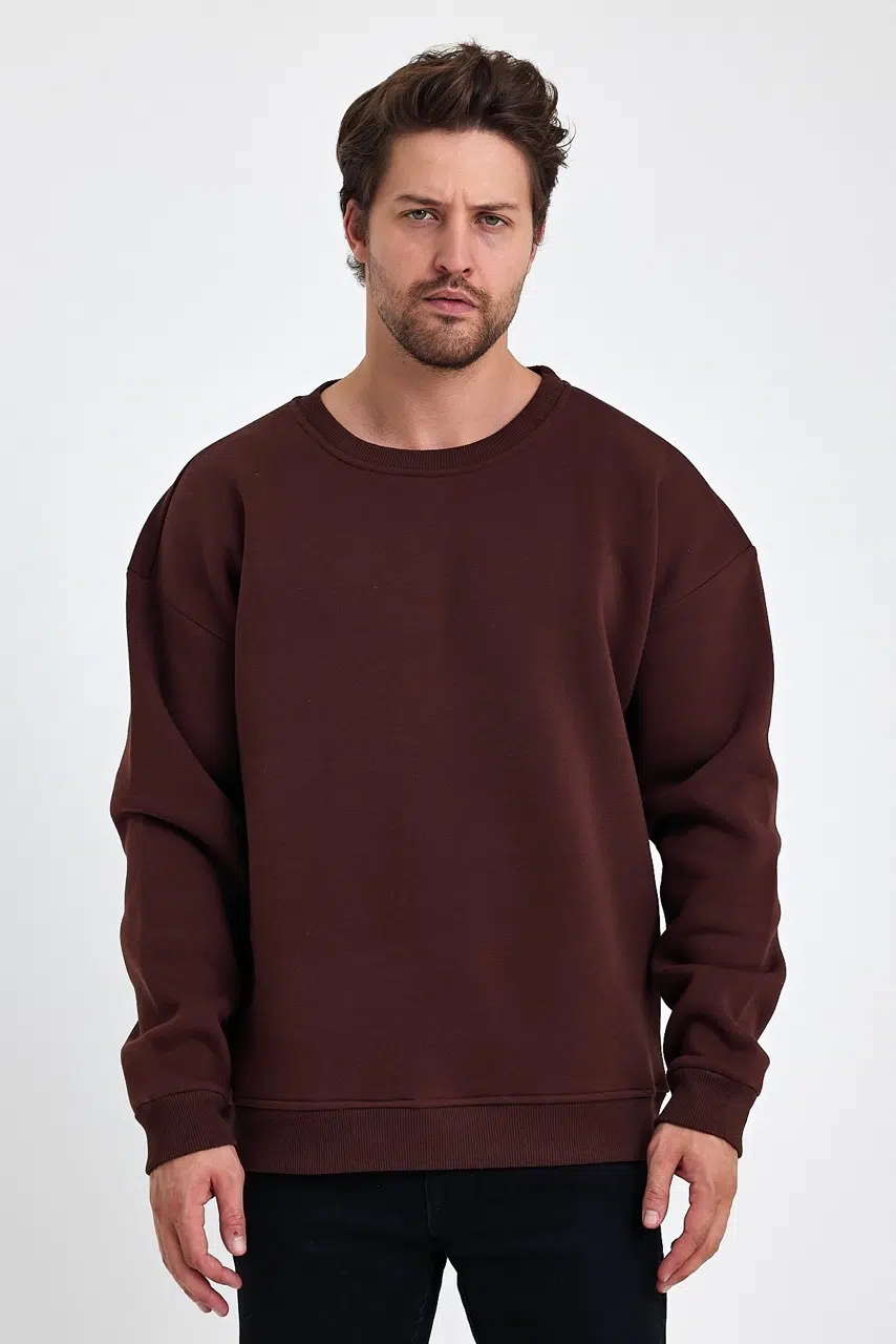 kapsonsuz oversize sweatshirt kahve erkek model 3