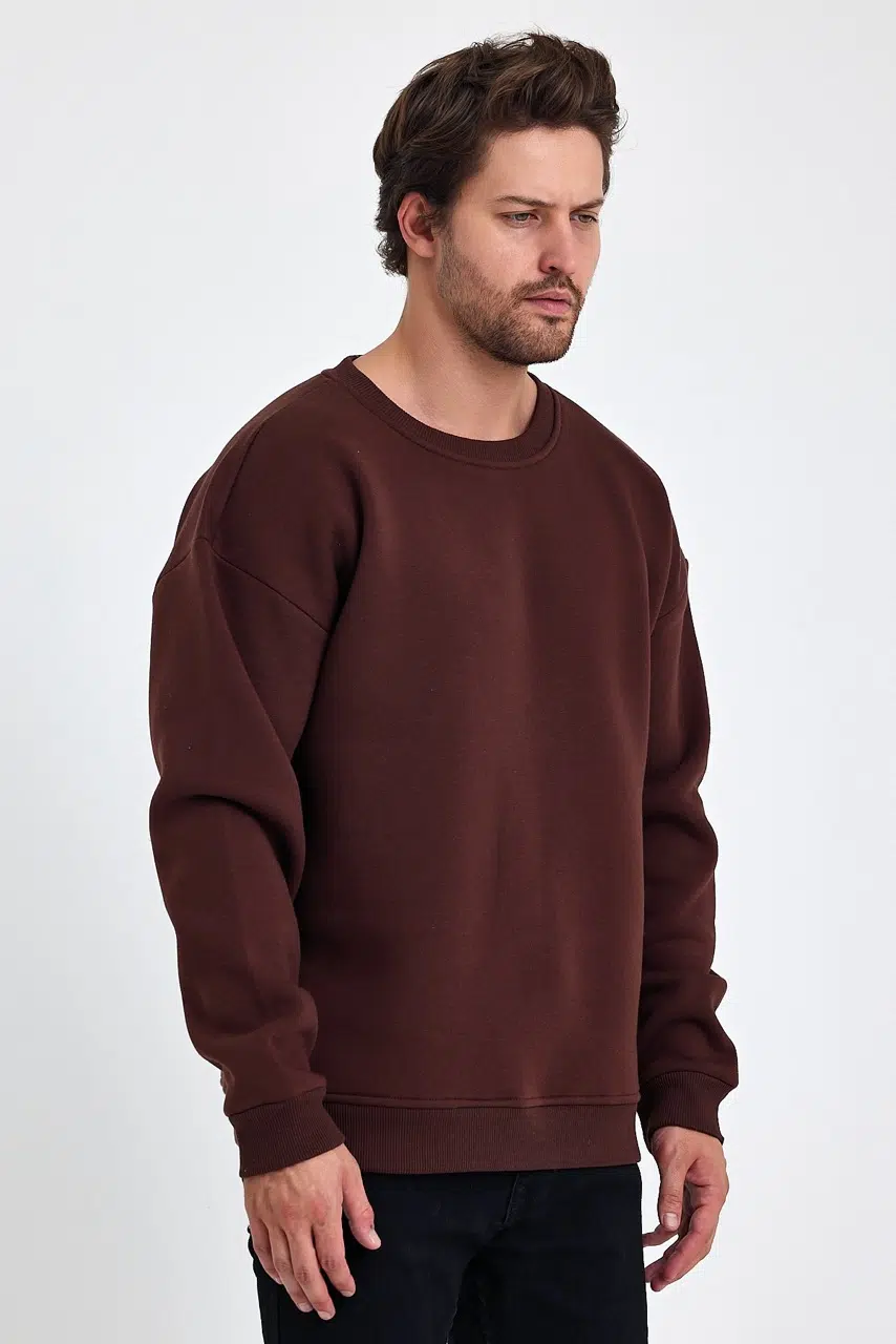 kapsonsuz oversize sweatshirt kahve erkek model 4