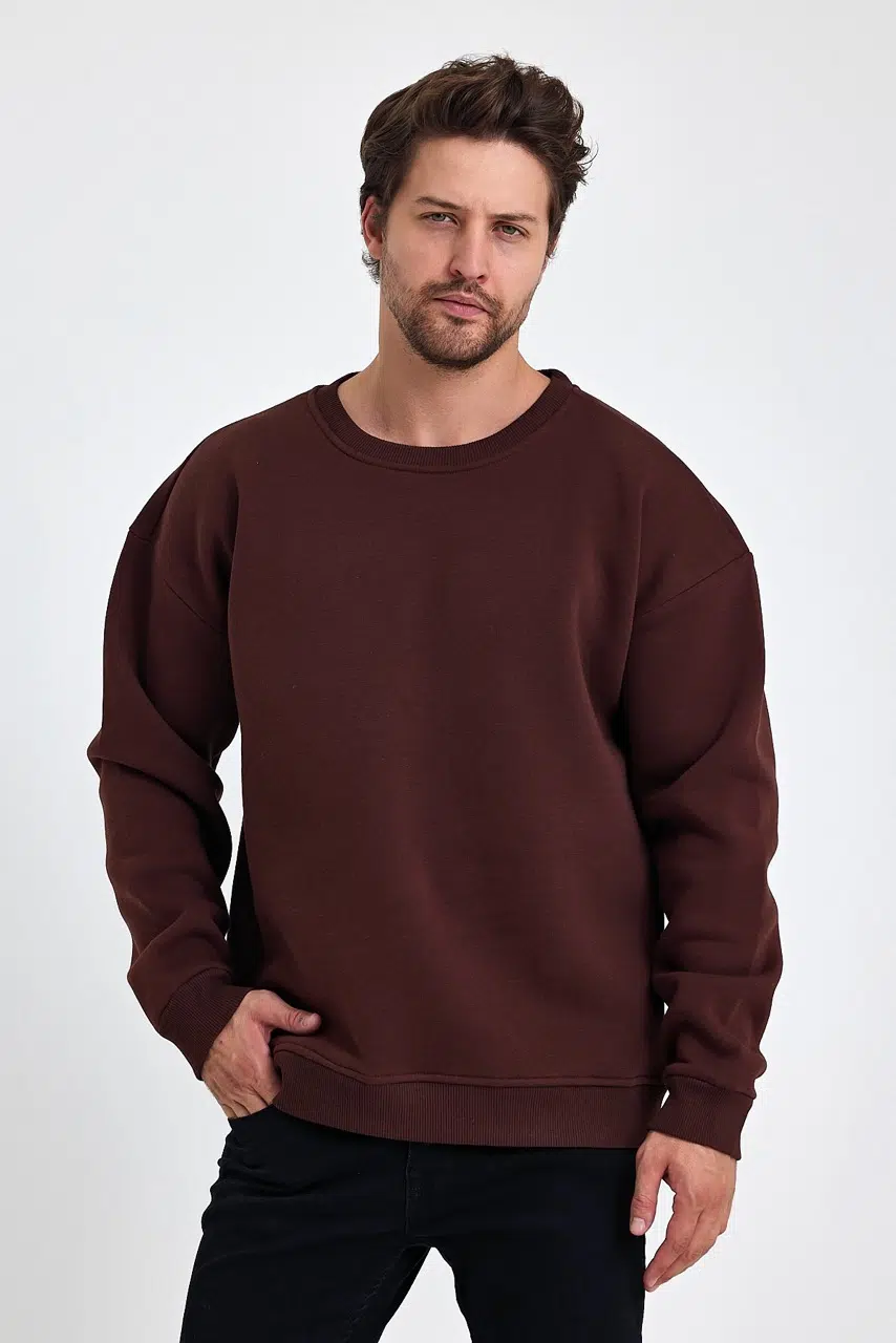 kapsonsuz oversize sweatshirt kahve erkek model 5