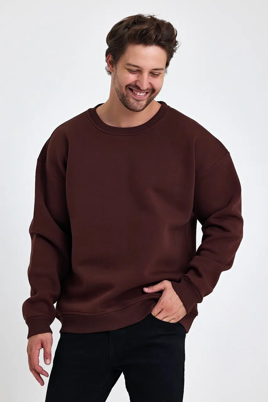 kapsonsuz oversize sweatshirt kahve erkek model 6