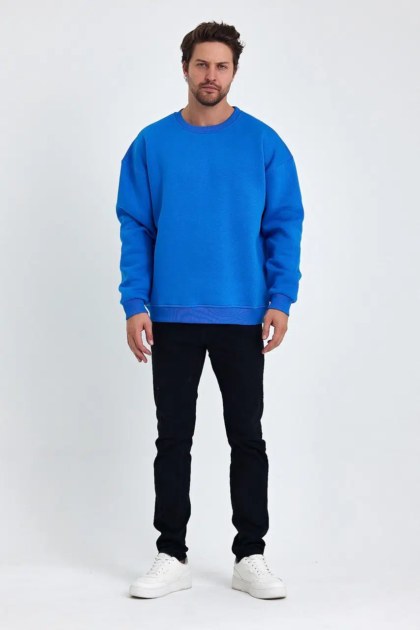 kapsonsuz oversize sweatshirt mavi erkek model 1