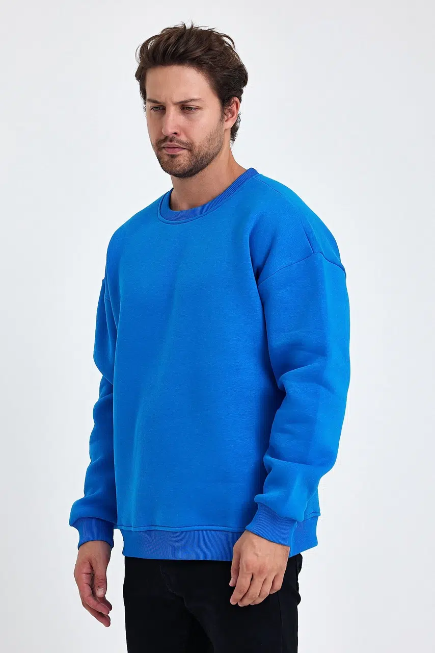 kapsonsuz oversize sweatshirt mavi erkek model 2