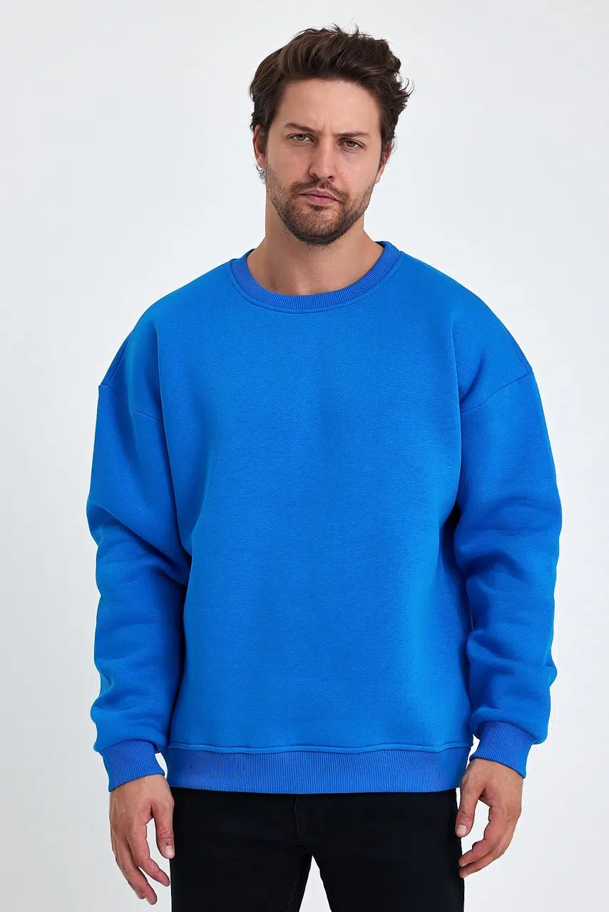 kapsonsuz oversize sweatshirt mavi erkek model 3