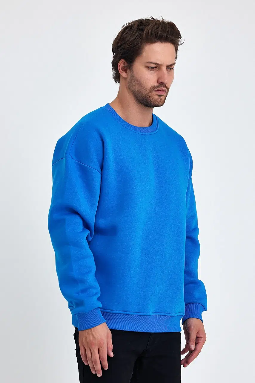 kapsonsuz oversize sweatshirt mavi erkek model 4