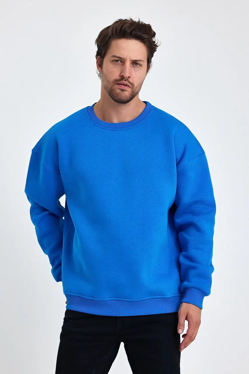 kapsonsuz oversize sweatshirt mavi erkek model 5