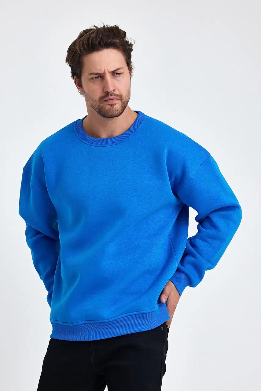 kapsonsuz oversize sweatshirt mavi erkek model 6