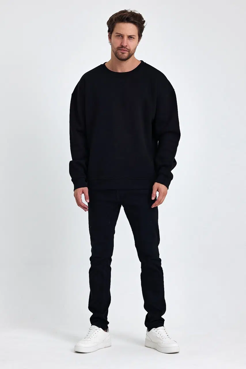 kapsonsuz oversize sweatshirt siyah erkek model 1