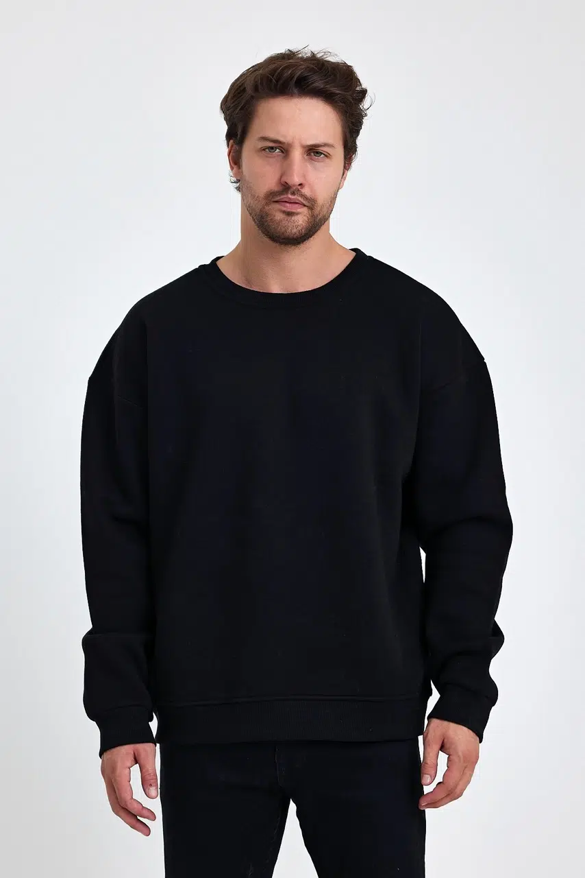 kapsonsuz oversize sweatshirt siyah erkek model 3