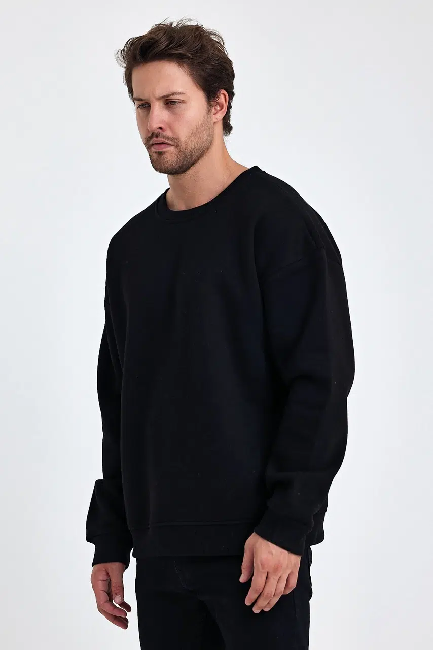 kapsonsuz oversize sweatshirt siyah erkek model 5