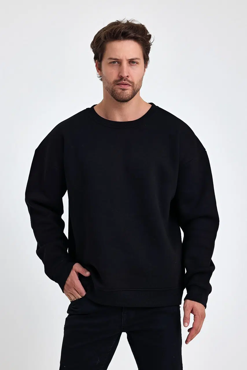 kapsonsuz oversize sweatshirt siyah erkek model 6